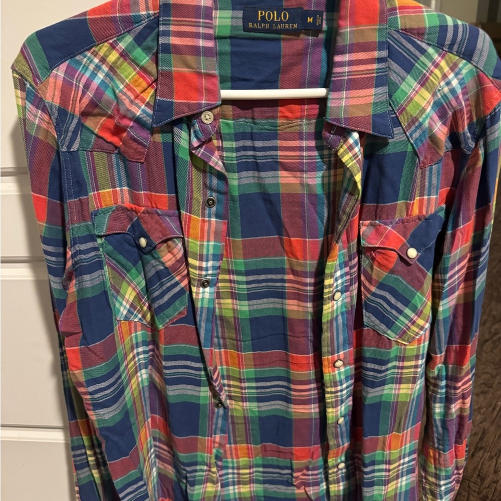 Ralph Lauren Men's Red and Blue Plaid Shirt